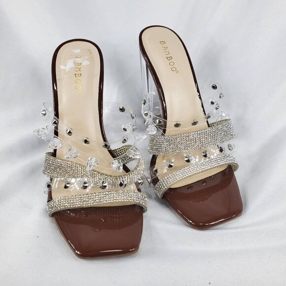 Bamboo Women's Slash -10 Clear Rhinestone High Heels Strappy Size 7.5 - Picture 4 of 11